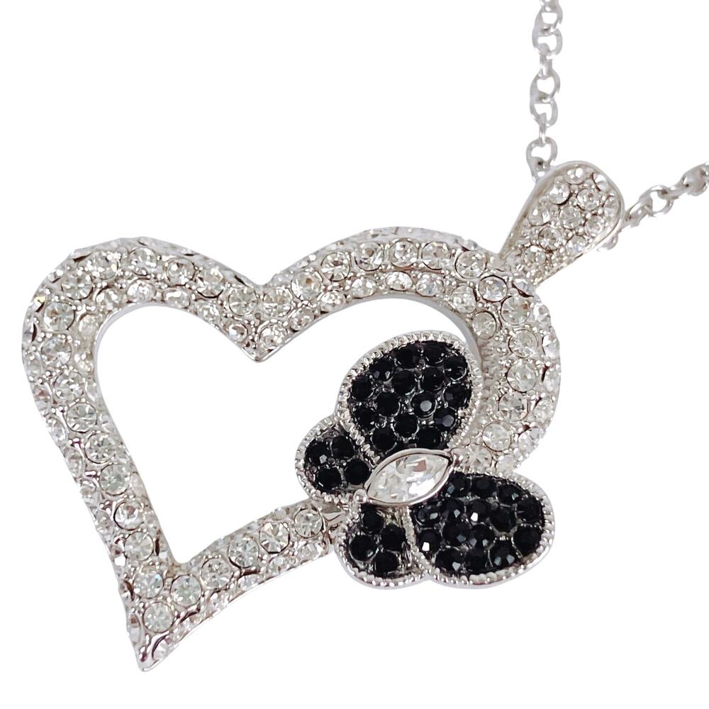 Signed PJM Heart Butterfly Glass Rhinestone Silver Tone Pendant Necklace